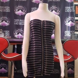 Black and tan strapless dress